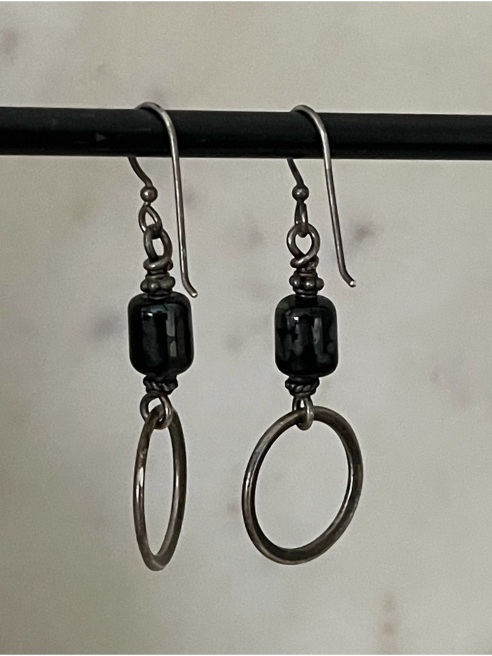 Sterling Silver glass beaded ring drop earrings.